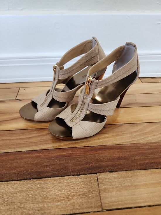 Michael Kors Shoes - Michael Michael Kors Berkley T-Strap Sandal Heels - Beige Nude Leather - Size 9M